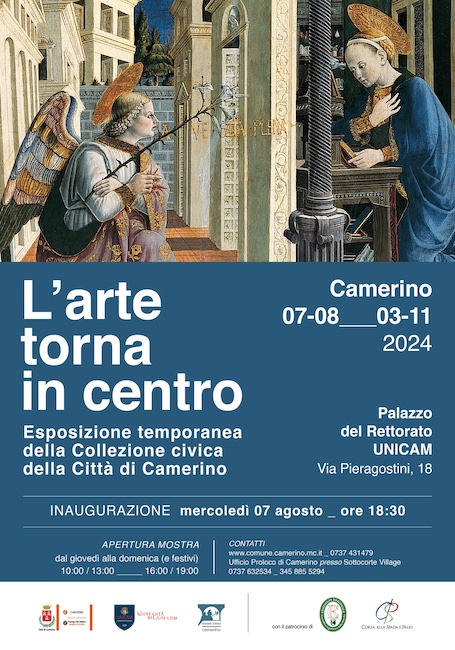 Locandina mostra 'L'arte torna in centro' a Camerino con l'Annunciazione di Spermento, opera di Giovanni Angelo di Antonio